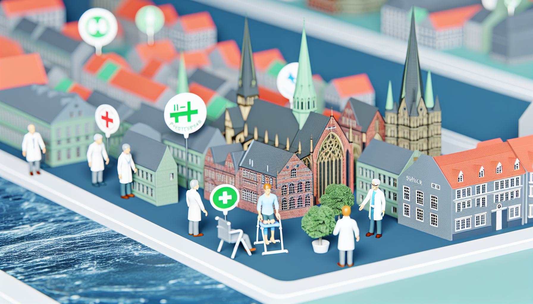 Stellen Sie ein Bild dar, das Gesundheitsmöglichkeiten wie Ärzte und Physiotherapie sowie allgemeine gesundheitsbezogene Themen in einer Stadt zeigt, die Lüneburg ähnelt, einer historischen deutschen Stadt, die für ihre gotische Architektur bekannt ist. Die Szene sollte medizinische Einrichtungen wie Krankenhäuser, Kliniken und Physiotherapiezentren zeigen, medizinisches Fachpersonal im Austausch mit Patientinnen und Patienten darstellen und eine Atmosphäre allgemeinen Wohlbefindens vermitteln. Achten Sie darauf, dass Stadtgeographie und Architektur den charakteristischen deutschen Charakter Lüneburgs widerspiegeln.