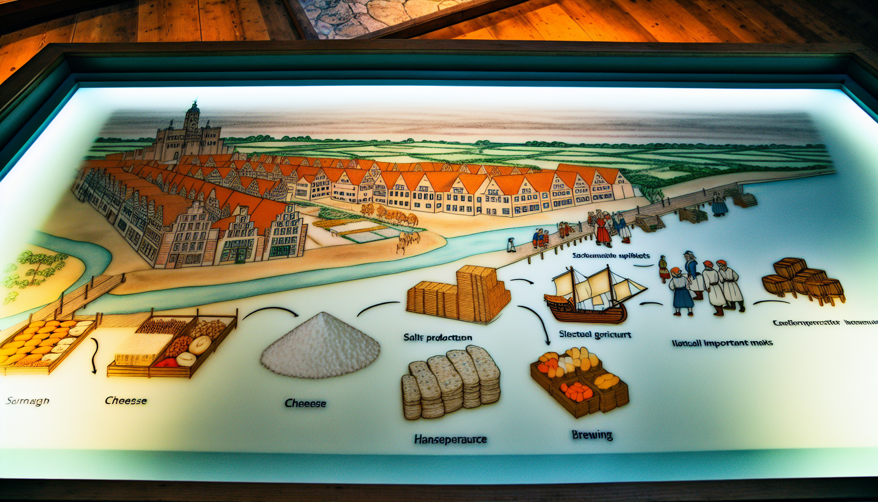 Stellen Sie die Wirtschaft in der Region um die historische Stadt Lüneburg in Deutschland dar, wobei Sie sich auf traditionell wichtige Sektoren wie Salzgewinnung, Brauwesen und die lokale Landwirtschaft konzentrieren. Zeigen Sie florierende Märkte mit lokalen Waren wie Käse, Brot und frischem Obst und Gemüse, historische Gebäude in hanseatischer Backsteinarchitektur sowie Salinen und Salzpfannen rund um die Stadt.