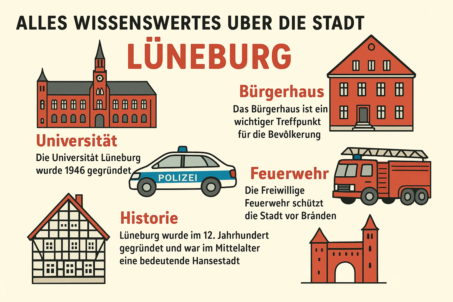 Alles Wissenswertes über die Stadt Lüneburg - Institute wie Universität, Bürgerhaus, Polizei, Feuerwehr als auch die Historie der Stadt und deren Geschichten