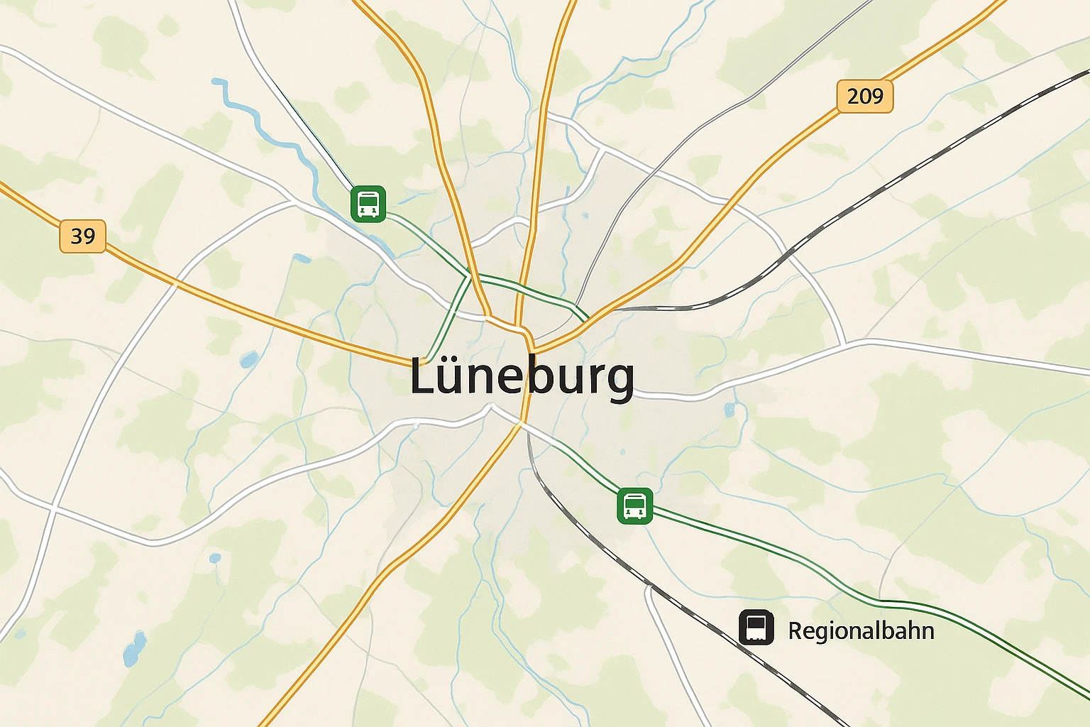 Die Verkehrsanbing an Lüneburg durch Strassen, Autobahnen, Busse, Bahn & Regionalbahn