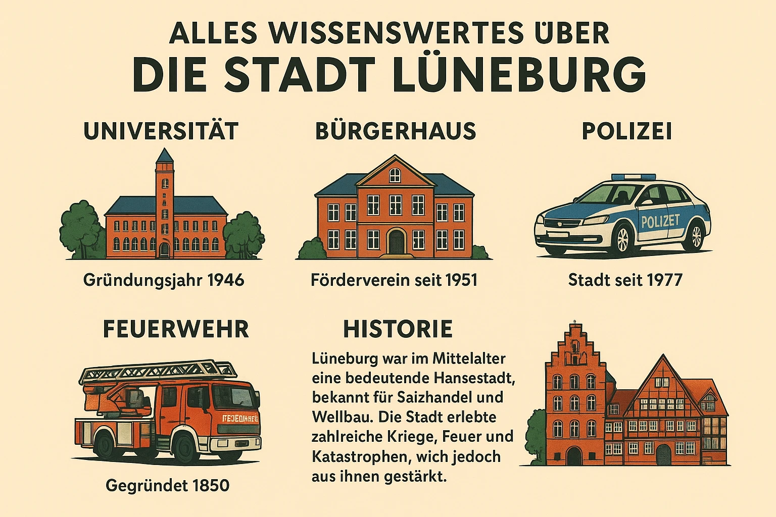 Alles Wissenswertes über die Stadt Lüneburg - Institute wie Universität, Bürgerhaus, Polizei, Feuerwehr als auch die Historie der Stadt und deren Geschichten