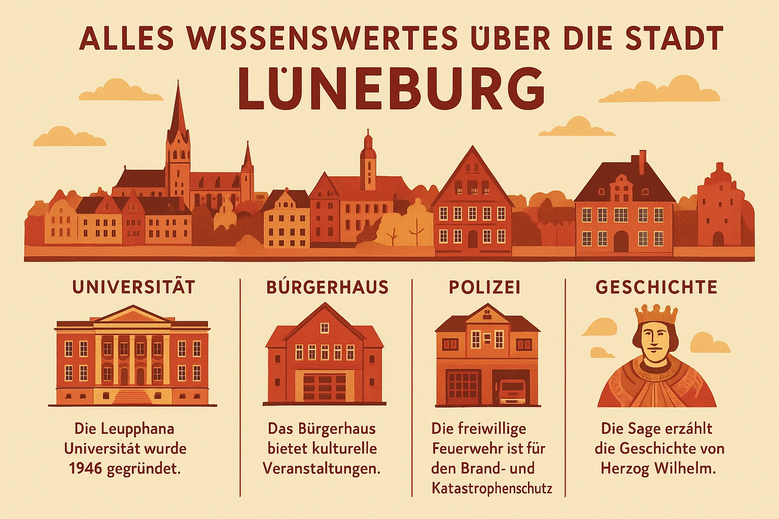 Alles Wissenswertes über die Stadt Lüneburg - Institute wie Universität, Bürgerhaus, Polizei, Feuerwehr als auch die Historie der Stadt und deren Geschichten