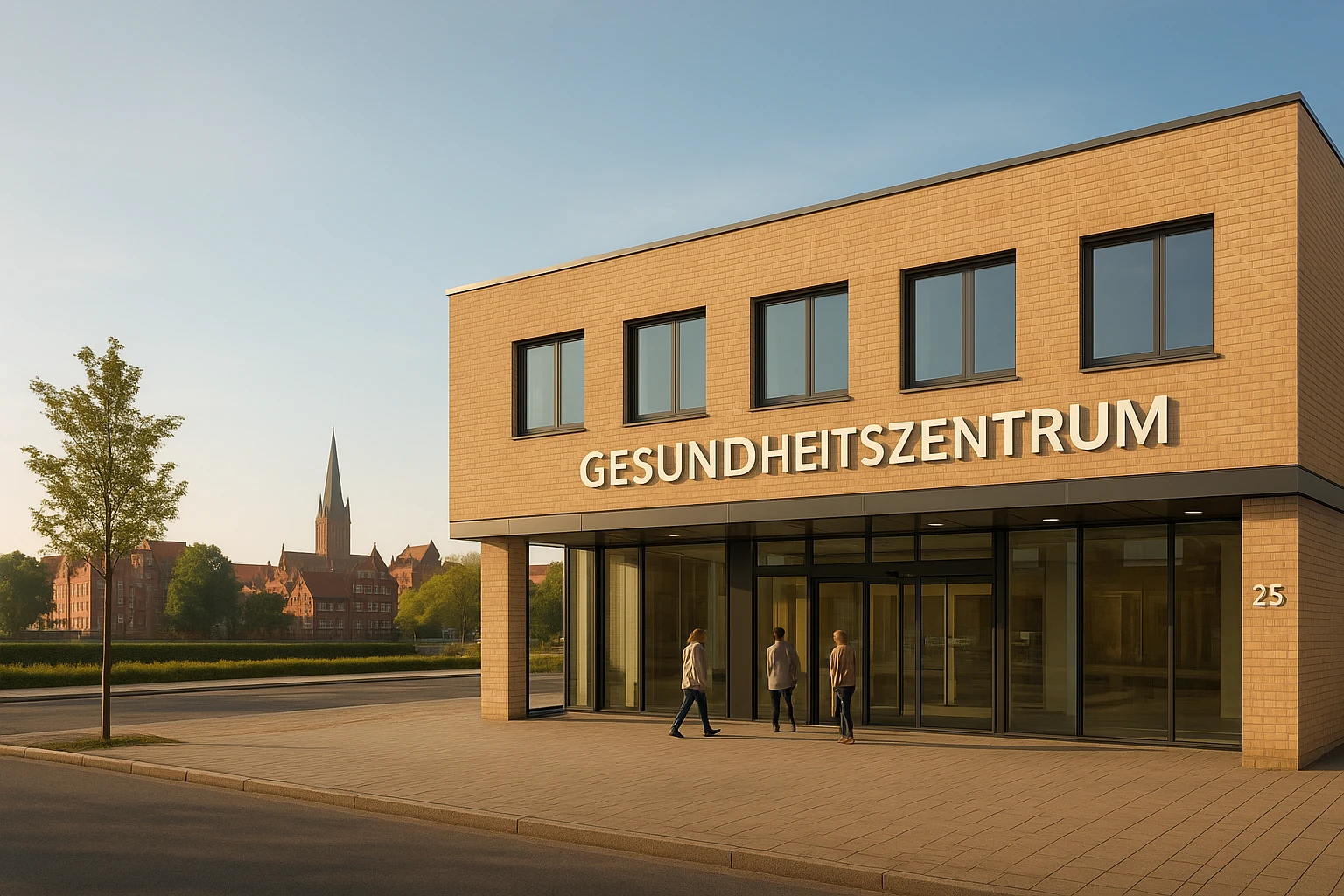 Weitwinkel-Aufnahme eines modernen Gesundheitszentrums in Lüneburg mit sichtbarer Altstadt im Hintergrund ( historische Backsteinfassaden und Kirchturm dezent erkennbar). Morgendliche, warme Lichtstimmung, natürliche Farben, dezente Menschen vor dem Eingang. Realistischer Look, leichte Perspektive von Straßenhöhe, 24mm, f/8, ISO 200, hohe Schärfe, keine überbelichteten Bereiche, freundliche Atmosphäre.
