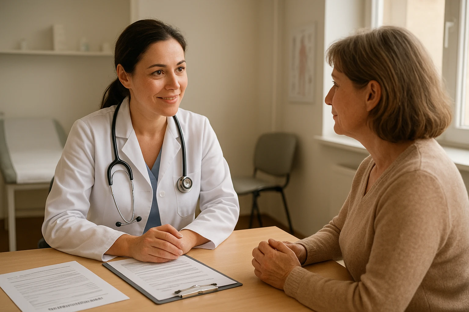 Innere Aufnahme in einer Hausarztpraxis in Lüneburg: Ärztin im Gespräch mit einer Patientin mittleren Alters am Untersuchungsstuhl, Stethoskop, medizinische Unterlagen auf dem Tisch, deutschsprachige Patientenformulare sichtbar (keine persönlichen Daten). Natürliche, leicht warme Farbtemperatur, weiches Fensterlicht von rechts, geringe Tiefenschärfe, 35mm, f/2.8, realistisch, empathischer Ausdruck, saubere, aufgeräumte Praxis.