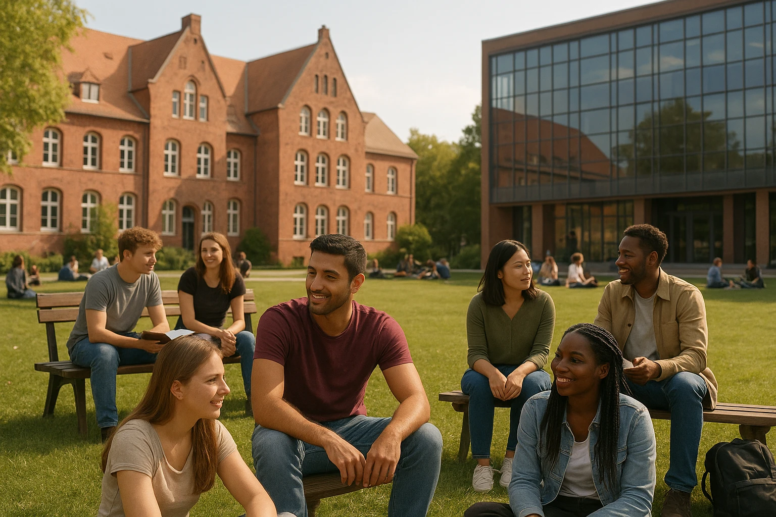 Fotorealistisches Tagesfoto der Universität in Lüneburg: Studierende unterschiedlicher Herkunft sitzen auf Bänken und auf dem Rasen vor einer Mischung aus historischen Backsteinbauten und modernen Lehrgebäuden, warme, natürliche Farbtemperatur, weiches Sonnenlicht, geringe Tiefenschärfe (50mm), realistische Hauttöne und natürliche Mimik, hochauflösend, keine Textüberlagerung.