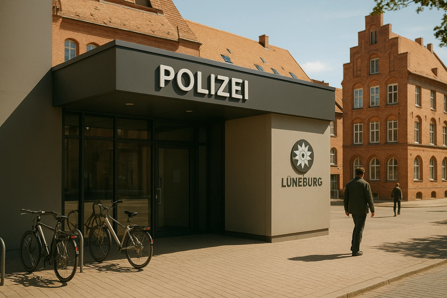 Realistische Außenansicht einer Polizeidienststelle in Lüneburg an einem sonnigen Nachmittag: modernes Eingangsportal mit dezentem Dienstsiegel, vor dem Gebäude Fahrradständer und Passanten, im Hintergrund historische rote Backsteinfassaden typisch für Lüneburg. Natürliche Farben, warme Mittagsbeleuchtung, leichte Tiefenschärfe, 35mm-Fotocharakter. Keine erkennbaren Kennzeichen oder identifizierbaren Personen.