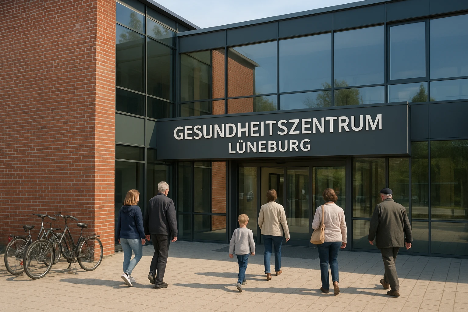 Außenansicht eines modernen Gesundheitszentrums in Lüneburg am Vormittag: roter Backstein-Fassadenakzent kombiniert mit Glas, klar lesbares Schild "Gesundheitszentrum Lüneburg" (fiktiv), Menschen unterschiedlichen Alters betreten das Gebäude, Fahrräder am Fahrradständer, natürlicher Tageslichtlook, neutrale Farbtemperatur (~5500K), realistische Fotografie, leichte Tiefenschärfe, freundliche Stimmung.