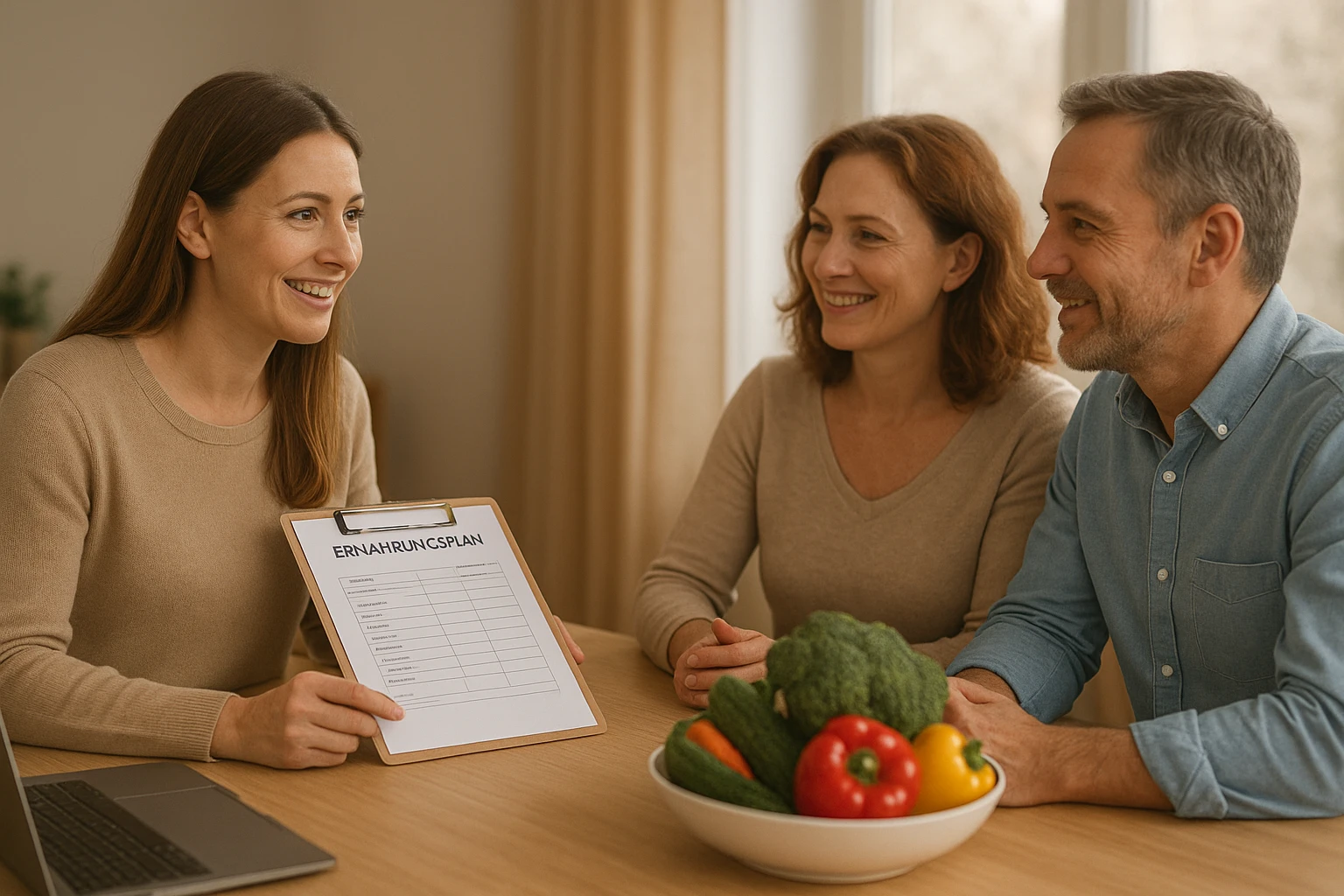Beratungszimmer: Ernährungsberaterin im Gespräch mit einem Paar mittleren Alters, auf dem Tisch ein Laptop, Ernährungsplan auf Klemmbrett, Schale mit frischem Gemüse als Anschauungsmaterial, freundliche, entspannte Atmosphäre, weiches Fensterlicht, natürliche Hauttöne, realistisch, warme Farbtemperatur, leichtes Bokeh im Hintergrund für Fokus auf Personen und Materialien.