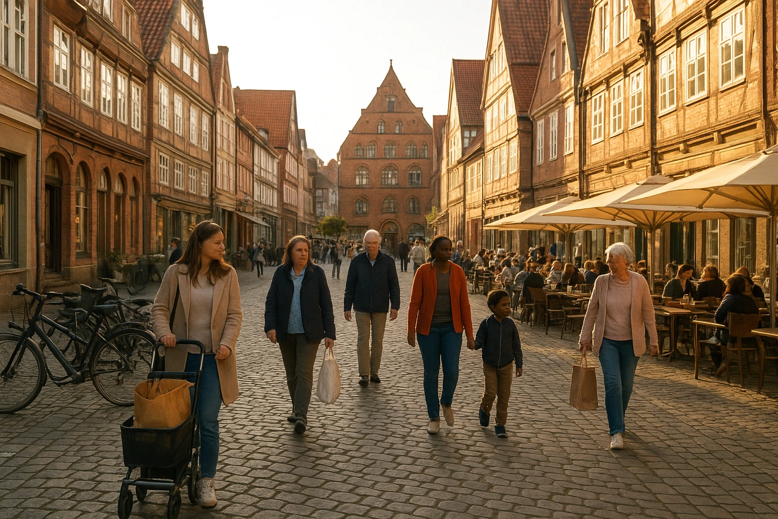 Fotorealistische Straßenszene in der Fußgängerzone von Lüneburg: Kopfsteinpflaster, historische Backstein- und Fachwerkhäuser im Hintergrund (Am Sande erkennbar), Menschen unterschiedlichen Alters und Herkunft beim Einkaufen, geparkte Fahrräder, Außencafés mit Sitzenden, warme spätnachmittägliche Lichtstimmung, natürliche Farbtemperatur, hohe Detailtreue, leichte Tiefenschärfe, 50mm-Fotografie-Eindruck, realistische Schatten und Reflexionen.