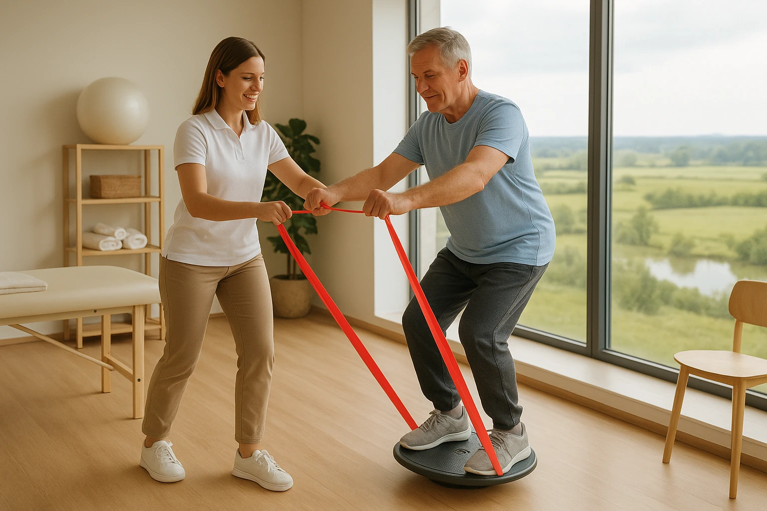 Moderner Physiotherapieraum mit großem Panoramafenster und Blick auf die Sülzwiesen: Therapeutin führt Patienten bei Mobilitätsübungen an (Theraband, Balance-Board), helle, warme Tageslicht-Farbtemperatur, natürliche, realistische Szene, saubere, freundliche Ausstattung, leichte Bewegungsunschärfe bei Aktivität.  n