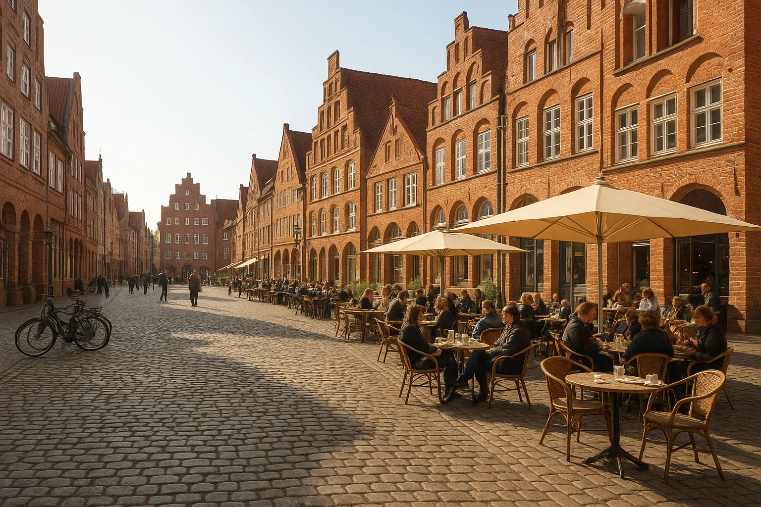 Realistische Aufnahme des historischen Marktplatzes Am Sande in Lüneburg an einem klaren Vormittag: Kopfsteinpflaster, rote Backsteinfassaden, Straßencafés mit Tischen und Menschen, Fahrradständer; natürliche, warme Farbtemperatur, weiches Tageslicht, leichte Tiefenschärfe wie bei einer 35mm-Fotografie, keine Logos oder erkennbare Persönlichkeiten.