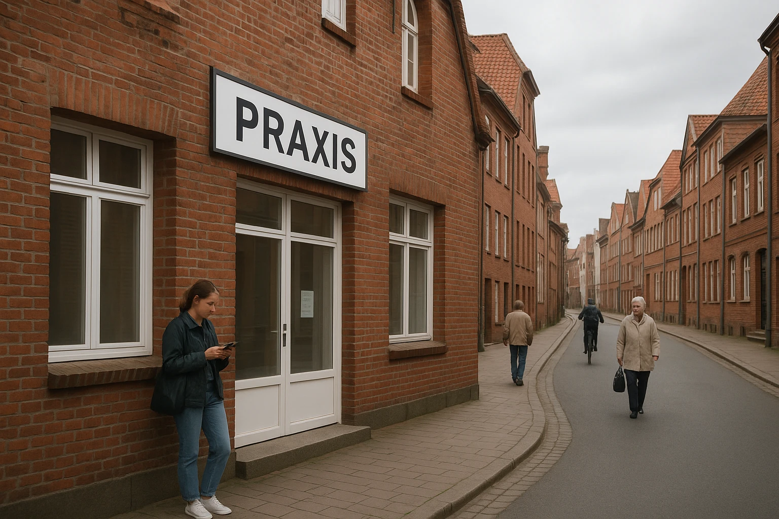 Außenaufnahme einer typischen medizinischen Praxis in Lüneburg an einem ruhigen Stadtstraßenabschnitt, gut lesbares, aber neutrales Praxisschild ohne Marken, Backstein- und Altstadt-Atmosphäre, Menschen in Alltagssituationen, natürliche Perspektive, realistisches Licht bei leicht bewölktem Tag, ausgewogene Farbtemperatur, fotorealistisch.