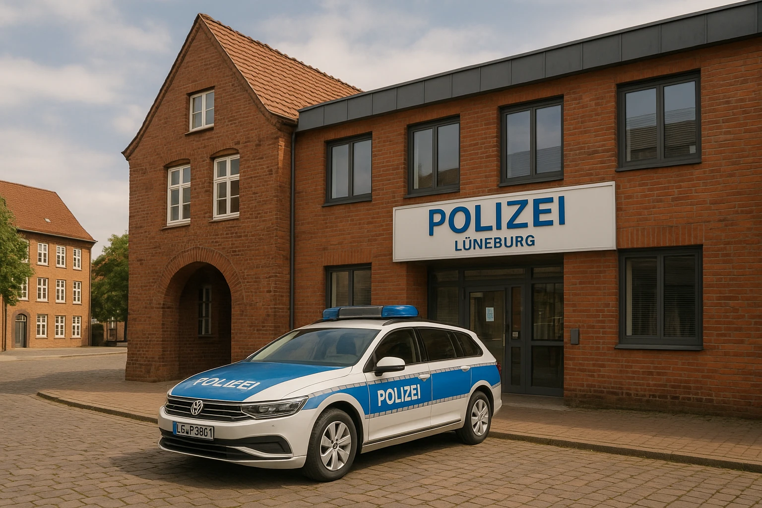 Fotorealistische Außenaufnahme einer Polizeiwache in Lüneburg, norddeutsche Backsteinarchitektur mit modernem Dienstgebäude, Polizeifahrzeug vor dem Eingang, ruhige Stadtatmosphäre, natürliche Farben, ausgewogene Tageslichtstimmung, realistisch, hohe Detailtreue