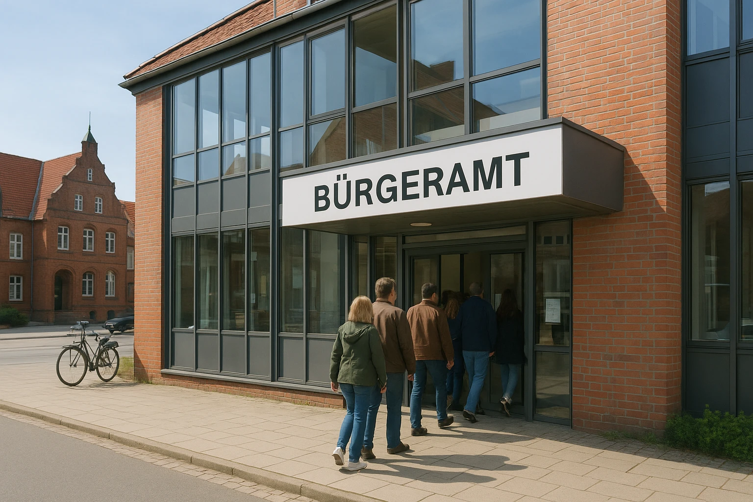 Fotorealistisches Außenfoto des Bürgeramts in Lüneburg an einem hellen Wochentag, moderne Verwaltungsgebäude mit klar sichtbarem Hinweisschild „Bürgeramt“, einige Bürgerinnen und Bürger beim Betreten, natürliche Stadtszene, authentische norddeutsche Architektur im Hintergrund, realistische Farben, ausgewogene, leicht warme Tageslicht-Farbtemperatur, hohe Detailtreue