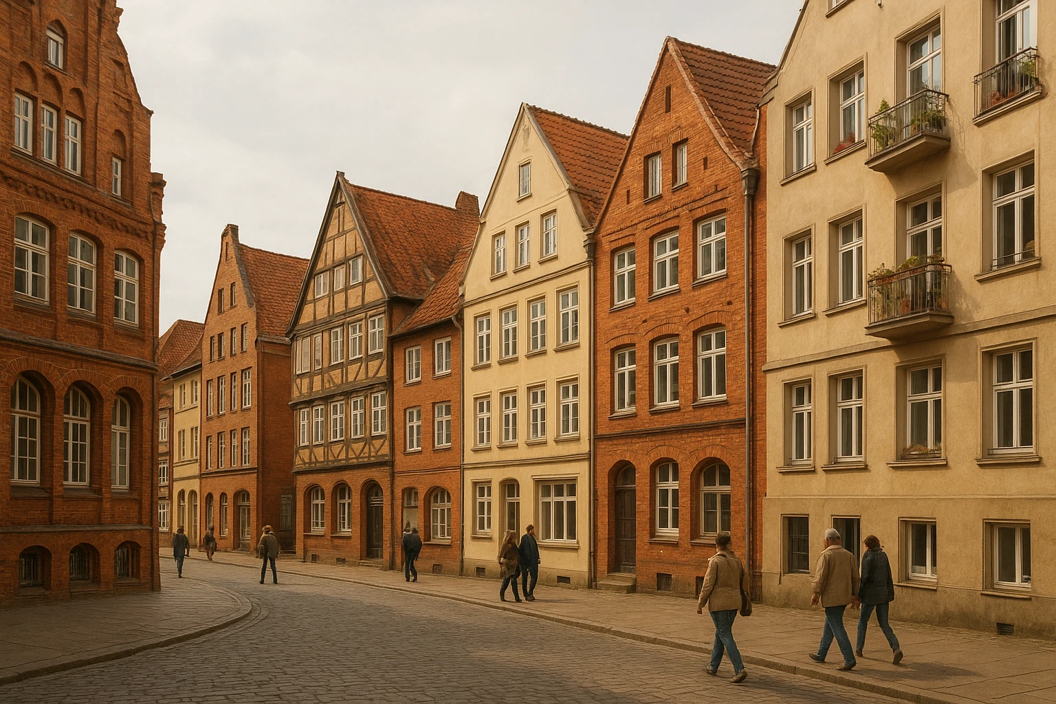 Naturalistic street scene in Lüneburg, Germany: charming historic buildings mixed with residential apartments, people walking on the sidewalk, subtle everyday life atmosphere, realistic architecture, soft daylight, balanced warm-neutral color temperature, high detail, no text, no signage focus.