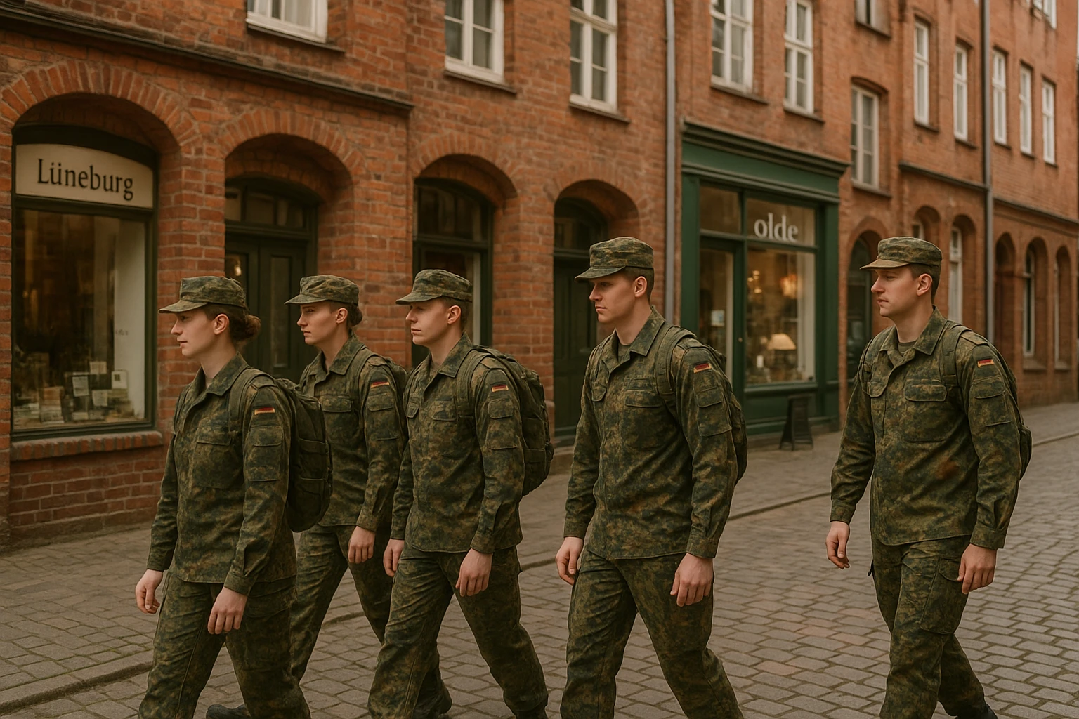 Fotorealistisches Editorial-Foto der Innenstadt von Lüneburg mit zurückhaltendem Bundeswehr-Bezug: ein paar Soldatinnen und Soldaten in moderner Bundeswehr-Uniform gehen unauffällig an historischen Backsteinfassaden vorbei, lokale Geschäfte im Hintergrund, natürliche Alltagsszene, realistische Perspektive, neutrale Farben, weiches norddeutsches Tageslicht, warme aber natürliche Farbtemperatur