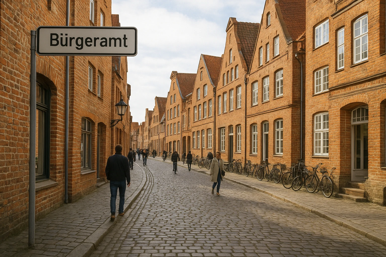 Realistische Straßenszene in Lüneburg mit historischem Stadtbild und einem dezenten Wegweiser zum Bürgeramt, Kopfsteinpflaster, Backsteinfassaden, Stadtleben mit Passanten und Fahrrädern, authentische deutsche Kleinstadt-Atmosphäre, natürliches Licht am späten Vormittag, harmonische, nicht übersättigte Farben