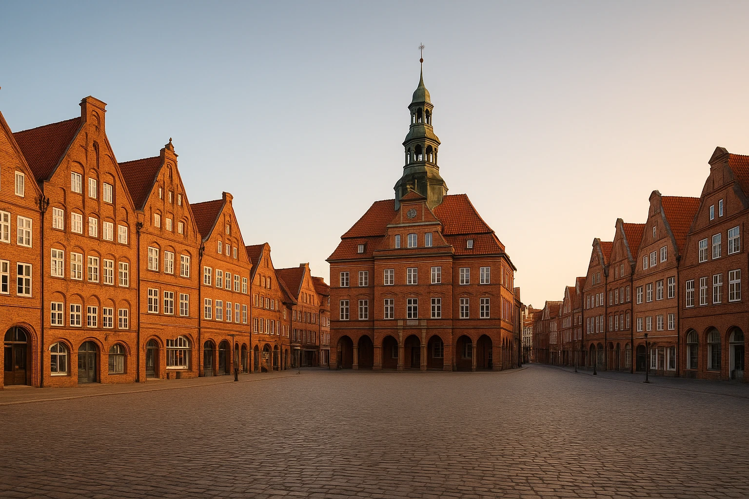 Weitwinkel-Foto der historischen Altstadt von Lüneburg mit typischen Backstein-Giebelhäusern, dem Rathaus und dem Platz Am Sande, frühe Abendstimmung mit warmem natürlichem Licht, realistisch, detailreich, natürliche Farben, keine Menschenmassen, keine Schrift, kein Wasserzeichen