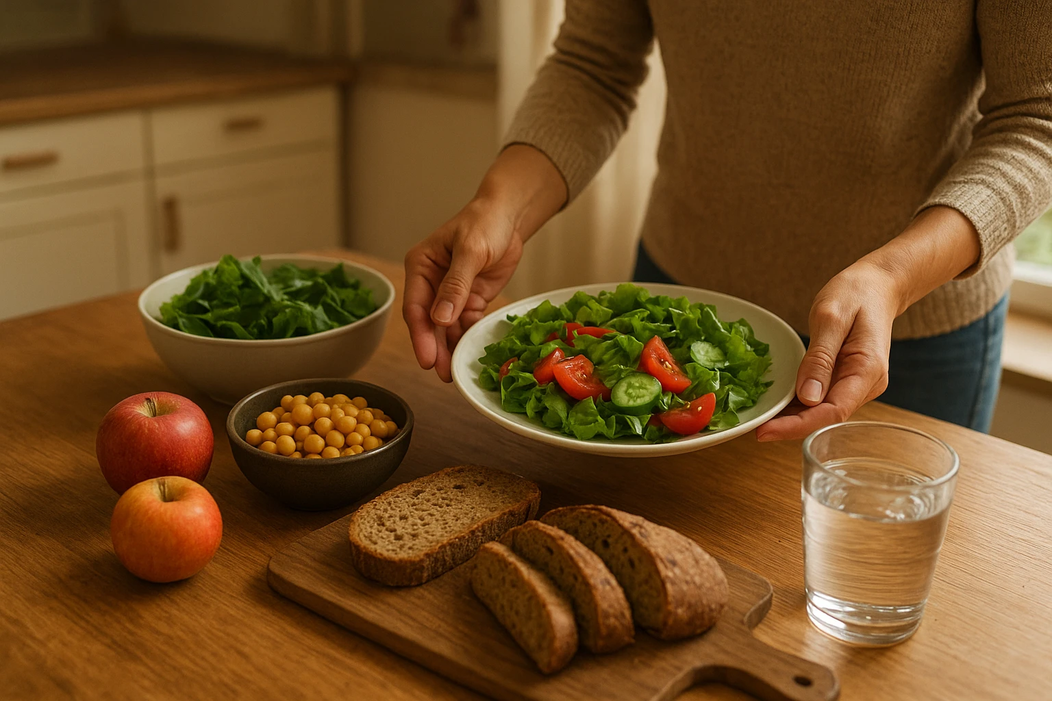 Natürliche, realistische Aufnahme eines gesunden Mittagstisches in einer Küche in Lüneburg: frische Zutaten wie Salat, Hülsenfrüchte, Vollkornbrot, Obst und Wasser, eine Person richtet eine ausgewogene Mahlzeit an, warmes weiches Licht, realistische Farben, appetitlich aber nicht überinszeniert, Lifestyle-Fotografie, keine sichtbaren Marken oder Texte,