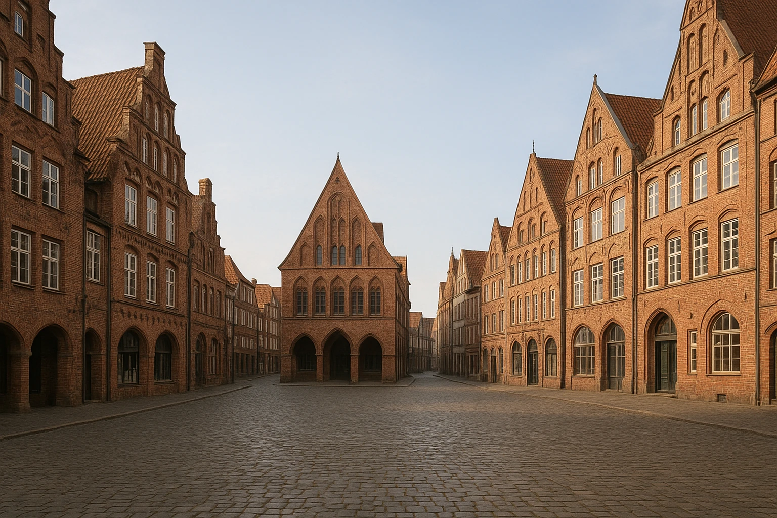 Fotorealistische Stadtansicht von Lüneburgs historischer Altstadt mit Backstein-Gotik, schmalen Gassen, sanftem Tageslicht, dem Marktplatz und gut erhaltenen Giebelhäusern, natürliche Farben, realistische Architektur, hohe Detailtiefe, keine Menschen im Vordergrund, keine Beschriftungen