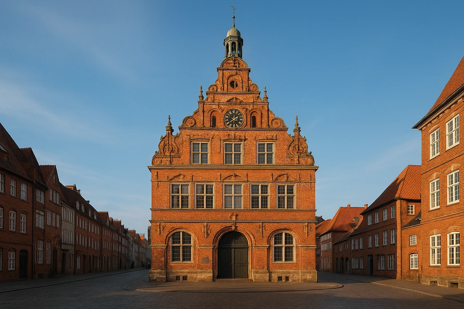 Fotorealistisches Außenfoto des Glockenhauses in Lüneburg, historische Backsteinfassade mit detailreichen Giebeln, eingebettet in die Altstadt, natürliche Proportionen, warmes Tageslicht, realistische Farben, klare Architekturdetails, keine Menschen im Vordergrund, hochauflösend