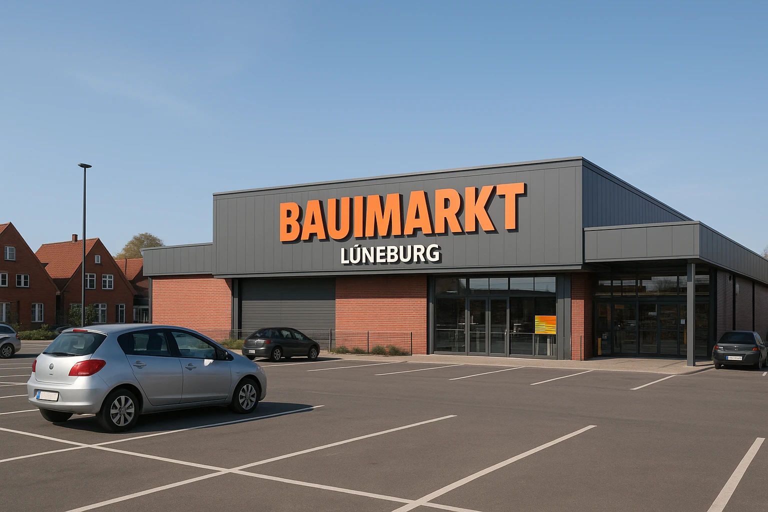 Fotorealistisches Außenfoto eines modernen Baumarkts in Lüneburg an einem klaren Tag, gut sichtbarer Parkplatz mit wenigen Autos, regionale Architektur im Hintergrund, natürliche Perspektive auf Augenhöhe, realistische Farben, ausgewogene Tageslicht-Farbtemperatur, keine Markenlogos.