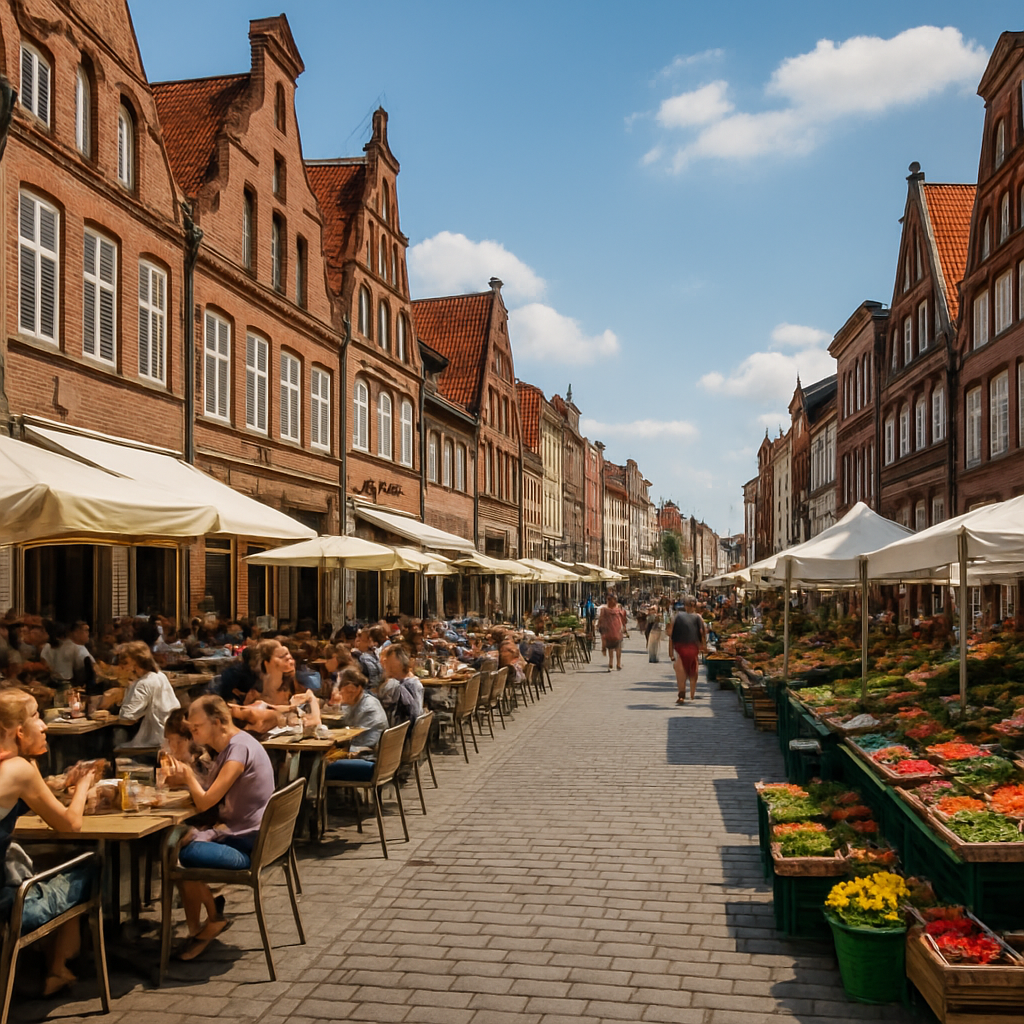Einkauf Fußgängerzone Wochenmarkt Cafés